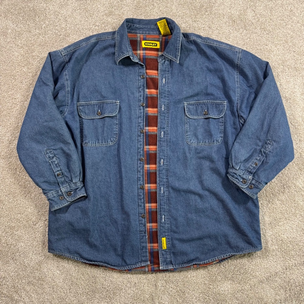 Stanley Mens XXL Blue Denim Plaid Fleece Lined Shirt Jacket Workwear Heavyweight
